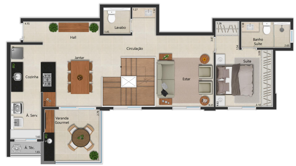 Planta 2 Dormitórios - 77m²